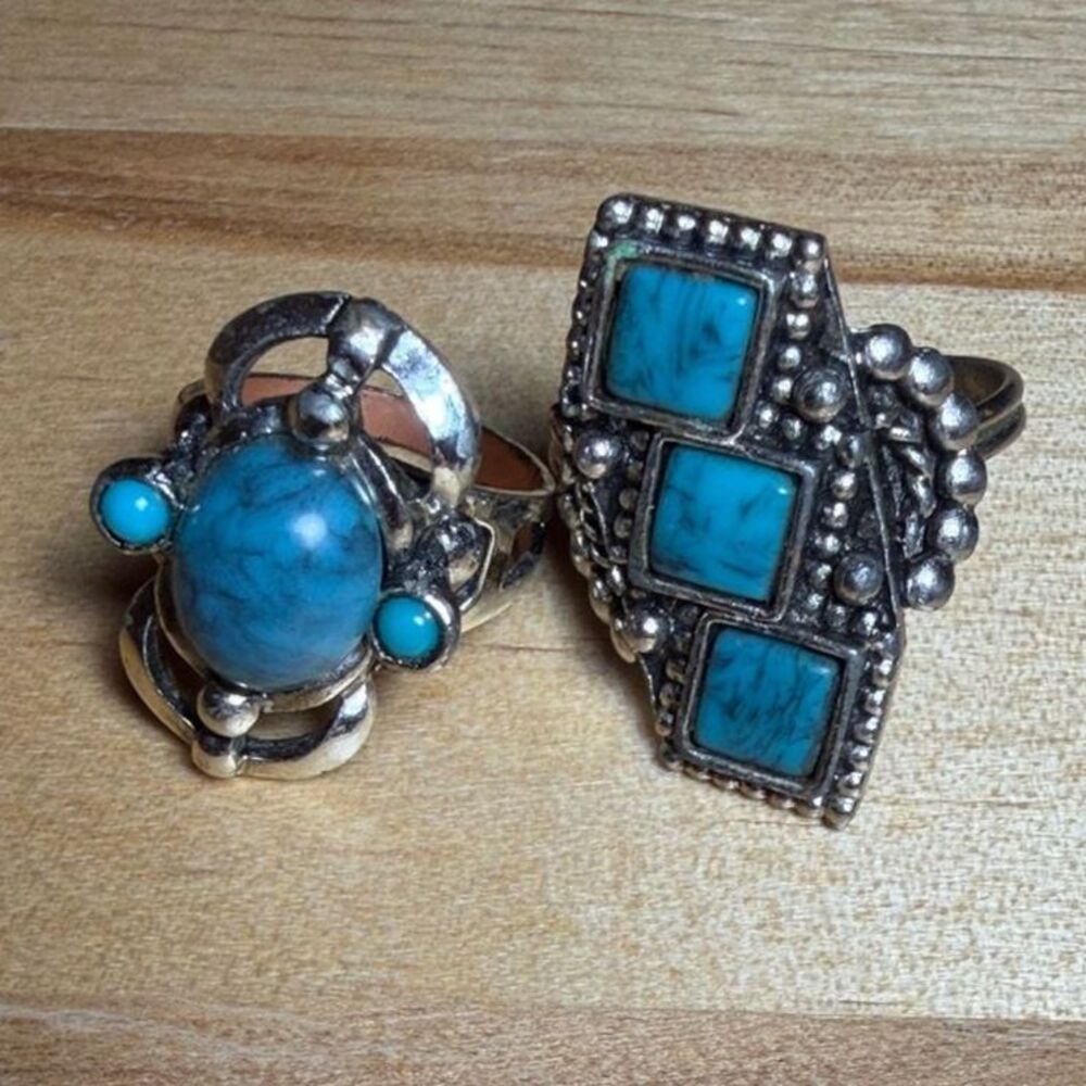 Duo Vintage Turquoise Silver Cocktail Rings Adjustable Boho Y2K Statement